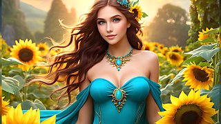 Beautiful Elf Girls in Garden of Bright Sunflowers