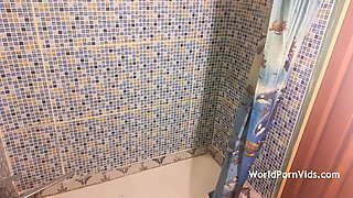 Tall skinny housewife fucks with a shorter partner under shower