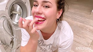 Stuck in Washing Machine, Ass Fucked and Cum on My Face!!!