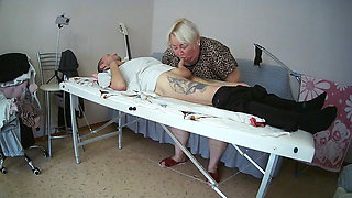 Mother-in-law Sucks and Jerks off My Dick on the Massage Table and Swallows Cum