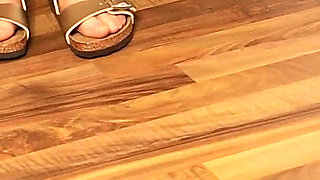 Gold Sandals Dangling Tease - Bare Soles in Focus