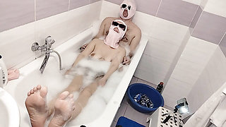 Amateur couple taking a bath, wife with hairy pussy, big ass, big tits.