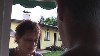 Old granny riding neighbour's big cock
