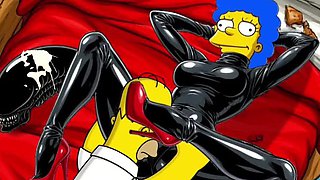 Halloween Hentai: Alien Simpsons Wife in Latex Costume Fucks Husband Hard in Wet Pussy
