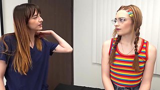 Two nurses and doctor in a threesome scene