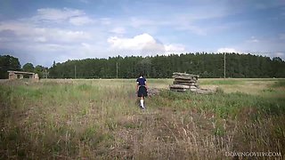 Pigtailed Young schoolgirl Outdoord with big pink dildo toy