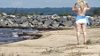 Hot Mom on the Beach in White Swimsuit