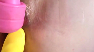 Girl Masturbating with Her Boy by 2 Dildo, 3 Toys Machine, Loud Moaning Orgazm