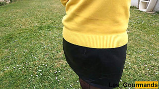 MILF in Stockings and Heels with a Leather Skirt Pee Squatting Outside Close up on Her Pierced Cunt