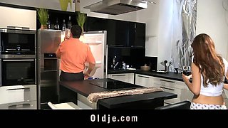 Nasty Leila fucks old man in the kitchen
