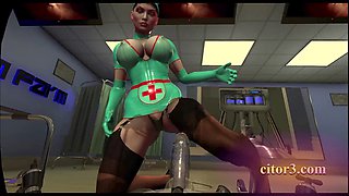 VR Game: Latex nurses in stockings milk seamen with vacuum beds and pumps