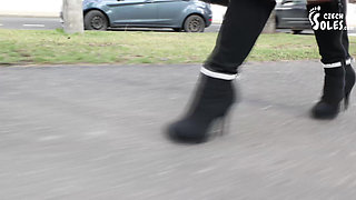 Public High Heels Walking, Worn Pantyhose and Foot Play