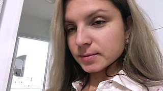 Busty curly brunette with big boobs fucks on couch