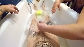 My stepmother washes me in the bathroom and jerks off my dick