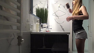 Hot Petite Tight Pussy Girlfriend in the Bathroom shows Bare Naked Ass in Miniskirt