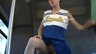 Asian guys fuck white cheerleader on bus