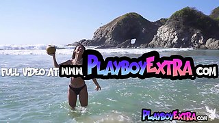 Flexible hispanic posing nude at the beach