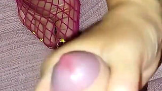 Foot fetish fuck with stepmom in a fishnet suit