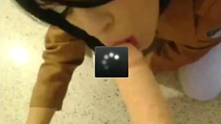 Girl Otaku dressed as Mikasa sucking and sitting in the dildo
