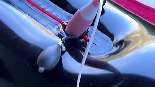 Outdoor solo masturbation scene with curly blonde
