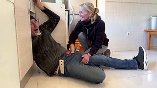 Blowjob to plumber in my kitchen - hot wife