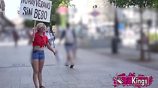 Sandra V kisses men and women in the street looking for her ultimate stud!