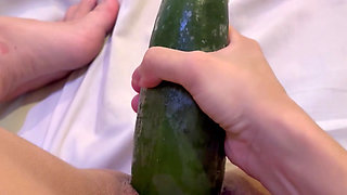 Masturbation with a very large cucumber