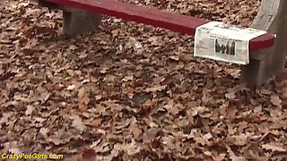 Young chick peeing in the park