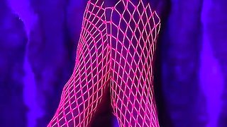 Pink neon fishnet on sexy small Asian feet with long toes