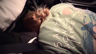 Blonde babe moans loudly in the car, as he cums all over her pussy POV