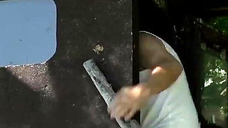 Blonde Milf gets caught masturbating outdoor and fucks