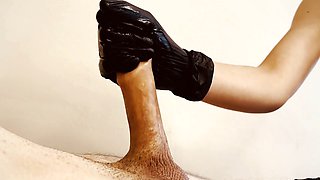 Cum on gloves, latex oil, gloves handjob