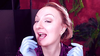 Face and Teeth Fetish Touch: Asmr Video in Blue Medical Mitrile Nurse Gloves. Arya Grander