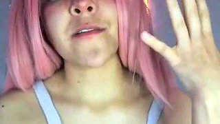 Cute teen pink hair and puffy pussy masturbating on dildo879