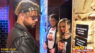 Fakehub - 2 19yr aged groupies asian with nice Natural Tits and petite blonda pawg smoke and pound the Big Cock of their hero singer in a luxurious backstage threesome after scene