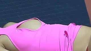 Pink Sexy Mini Dress and Red Micro Thong Panties Wedgie Ass and Pussy, Natural Boobs Japanese Girl Sexy Workout Tease