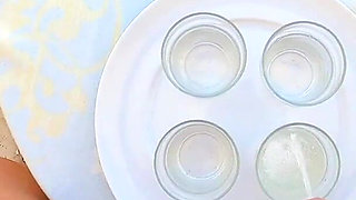 Swallowing a Lot of Yellow Pee From 4 Full Glasses! Sun and Heat!