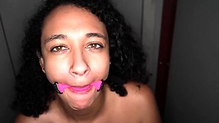 Cum addicted ebony slut sucks off multiple gloryhole cocks