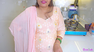 Mother-in-law gives offer for Fuck hard to Son-in-law in kitchen with Dirty hindi talk and he Cum in her sexy pussy.