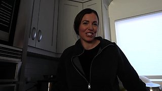Skinny brunette girlfriend gives blowjob in POV