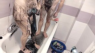 Amateur Couple Takes a Bath, Wife with Hairy Pussy, Big Ass, Big Tits.