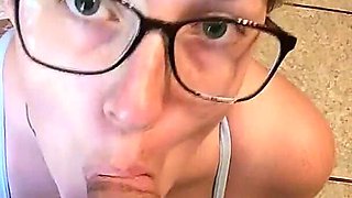 New Apartment Fun: Glasses-wearing MILF's Cock Sucking and Cumshot
