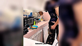 Almost Caught, Cheating Maid While Cooking in the Kitchen