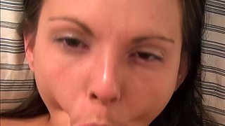 Tiny MILF with Big Naturals Swallows Cum