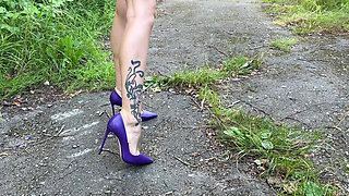Purple Classic Stiletto High Heels, 12 Cm Heels on Me and on the Road, Grass, on Old Ruined House, on a Garbage Dump