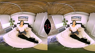 Puss In Boots - Big Tits Brunette Upskirt Leg Fetish Solo On The Bed