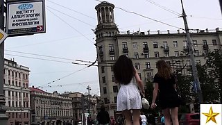 Alluring Russian teen in red panties upskirt in the outdoors