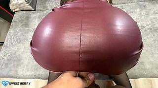 This sexy girl in black stockings and a red leather skirt spreads her legs in front of my cock!