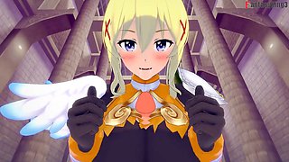 Lalatina from Kono Subarashii gives a wild blowjob and gets her tits banged in this POV scene