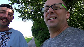 Sexy brunette loves hard threesome outdoor fuck